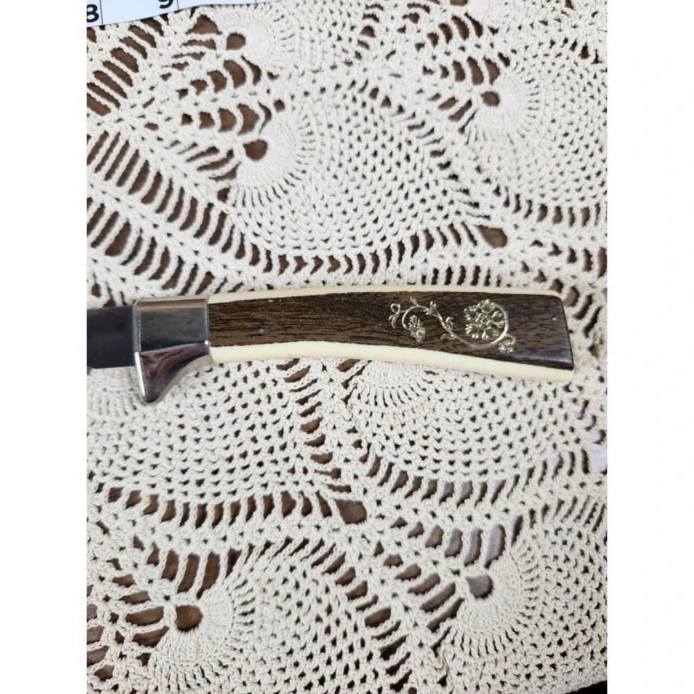 Vtg Regent Sheffield Serrated Slicing Knife MCM Faux Wood Gold Flower England